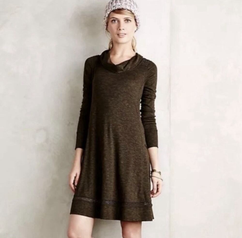 Anthropolgie Saturday Sunday Green Cowl Neck Swing Dress Boho Crochet Size Small